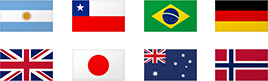 ilustração das bandeiras dos seguintes paises: argentina, chile, brazil, alemanha, reino unido, china, australia e noruega